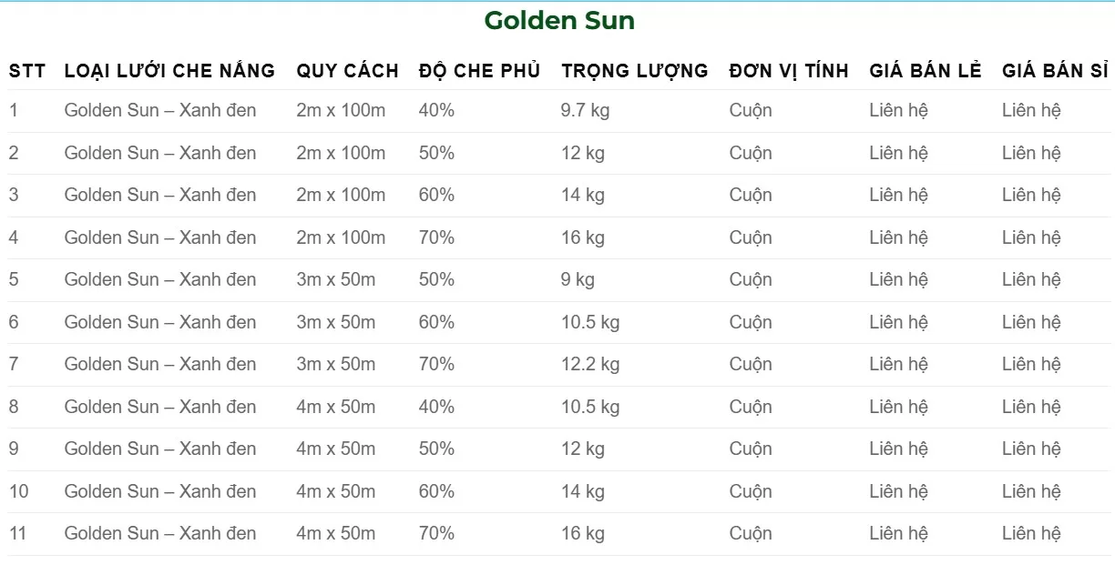 bảng giá lưới che nắng Thái Lan Golden Sun